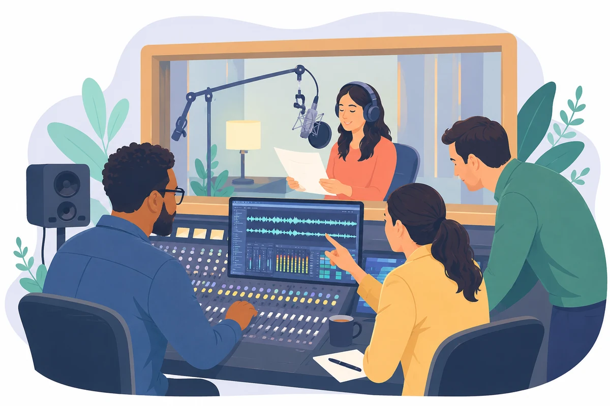 Radio voice talent recording a campaign while broadcast production partners coordinate from the control room