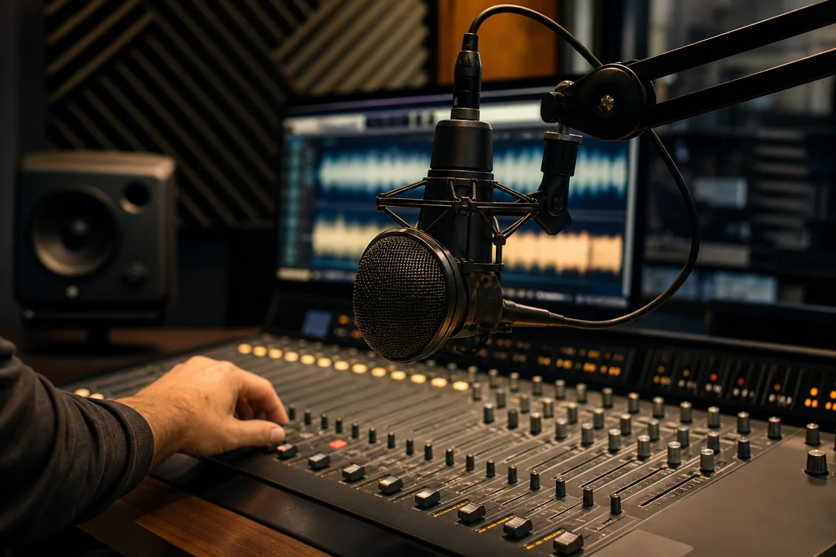 Broadcast microphone and mixing console in a professional radio studio